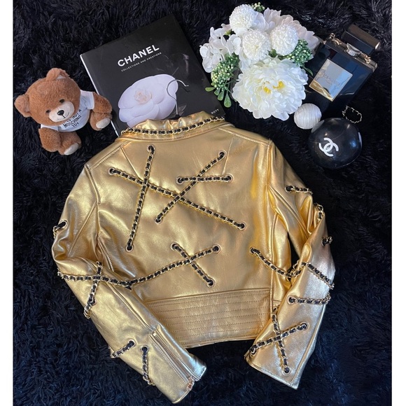 Moschino x Limited Edition Gold Genuine Leather Jacket with Chains - Picture 3 of 10